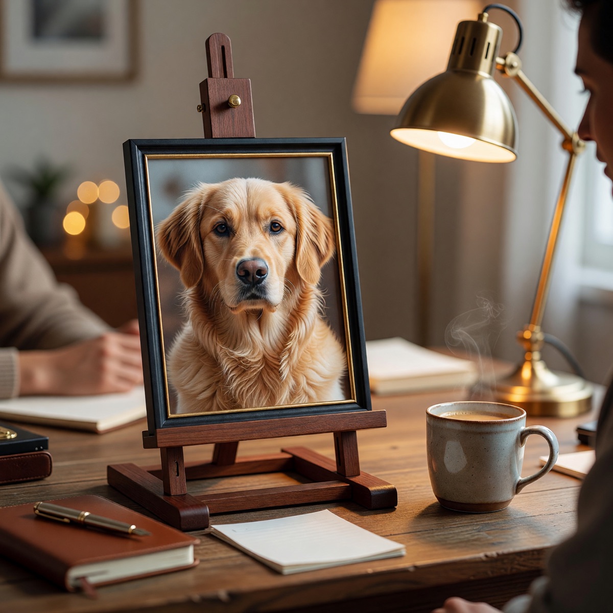 Framed dog portrait on a desk