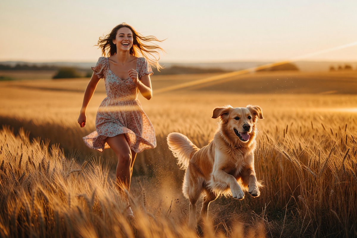 A woman running through a golden field at sunset with her dog