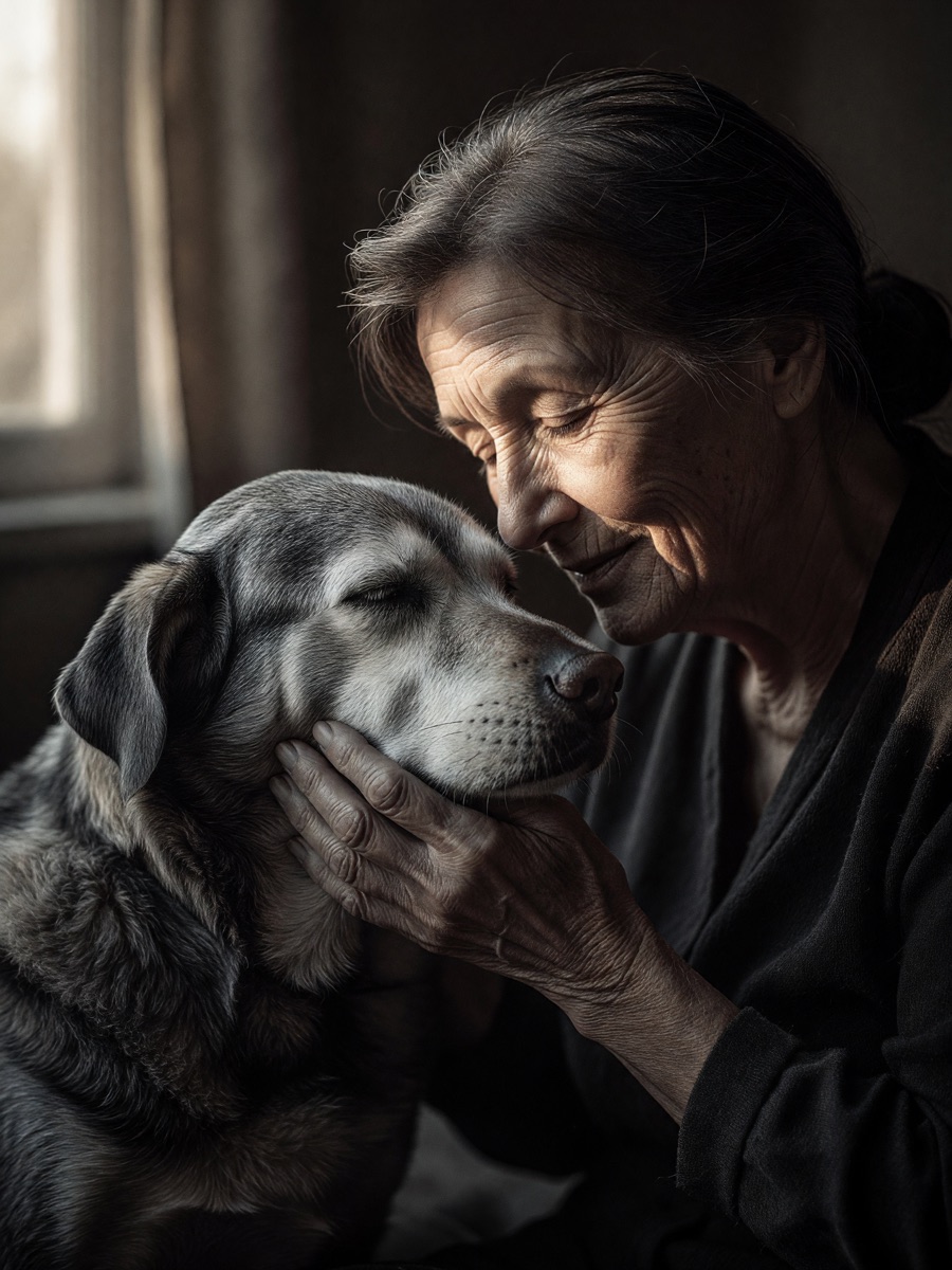 An elderly woman holding her old dog's face