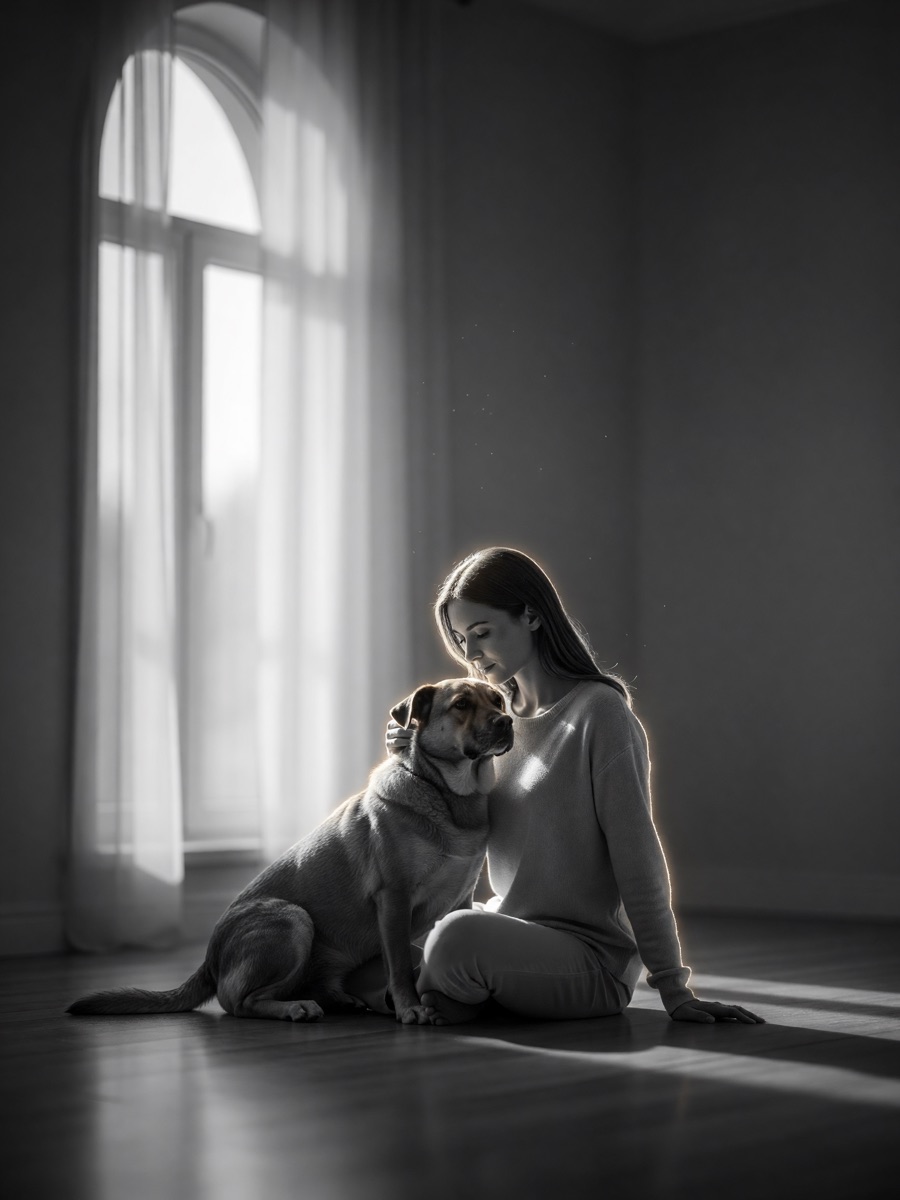 A woman and her dog by a window