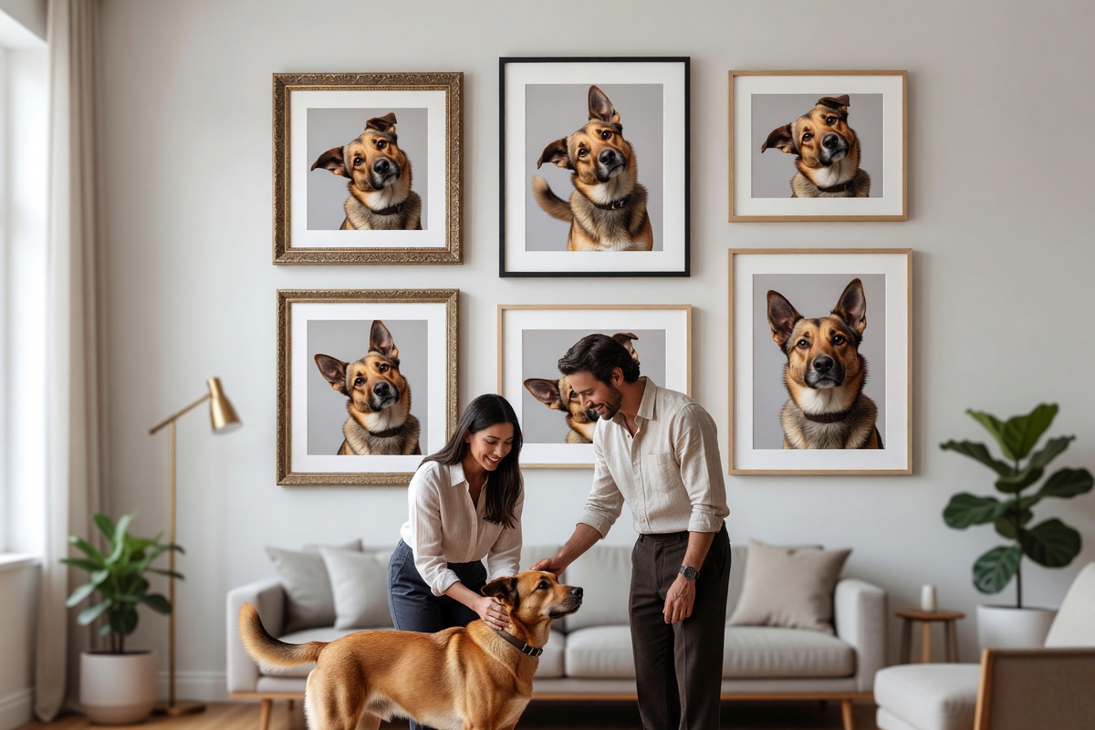 Gallery wall of framed dog portraits