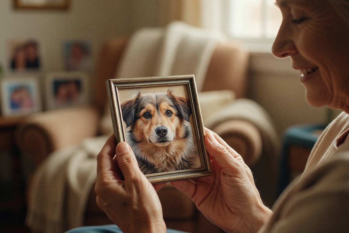 Hands holding a framed photo of a beloved dog